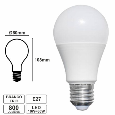 LÂMPADA E27 10W=60W 230V GLOBO 6400K BRANCO FRIO 800LM