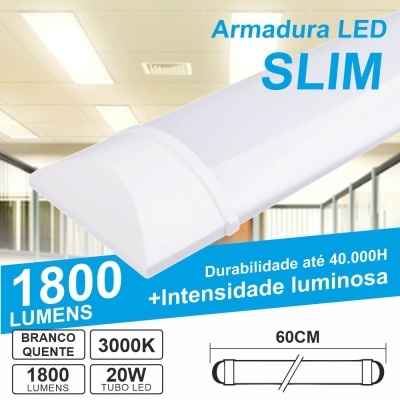 Luminária LED tubo slim branca com texto ilustrativo e especificações técnicas