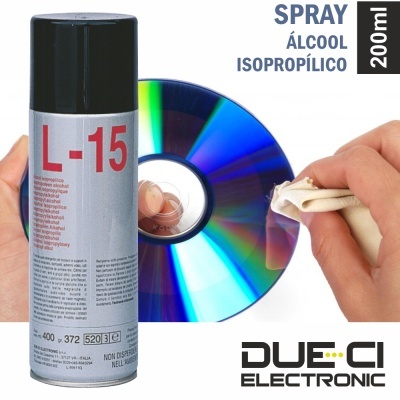 Spray de álcool isopropílico L-15, CD colorido, mãos limpando CD com pano, texto e logótipo