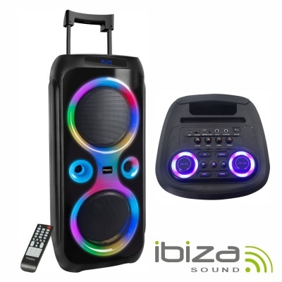 Sistema de som portátil ibiza SOUND preto com luzes LED coloridas e comando remoto.