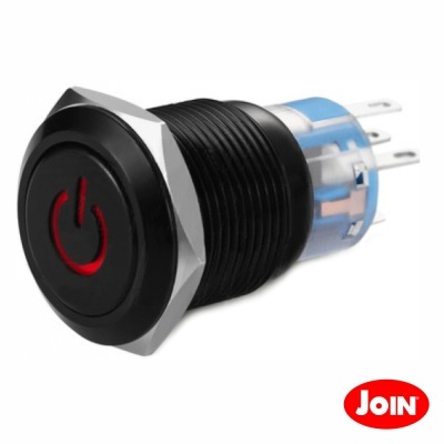 Interruptor de botão preto com símbolo power vermelho e logótipo JOIN
