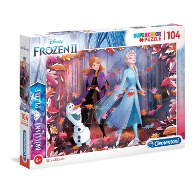 Quebra-cabeças Disney Frozen II 104 peças com imagem das personagens Anna, Elsa e Olaf na floresta