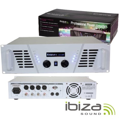 Amplificador profissional Ibiza Sound cinzento com botões e LEDs azuis e caixa preta