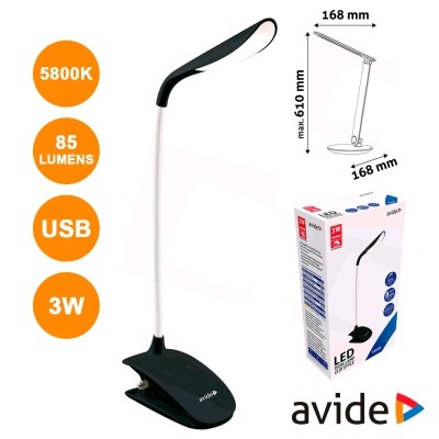 Lâmpada de mesa LED Avide preta com suporte ajustável e clip