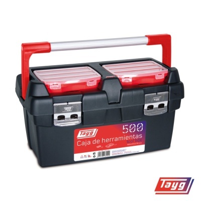 Caixa de ferramentas preta com tampas vermelhas e alça vermelha