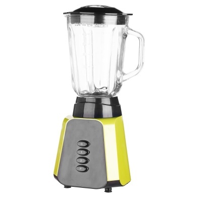 Liquidificador amarelo com jarra de vidro transparente em fundo branco