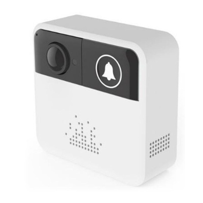 Campainha eletrónica branca e preta com botão de sino e lente de câmara