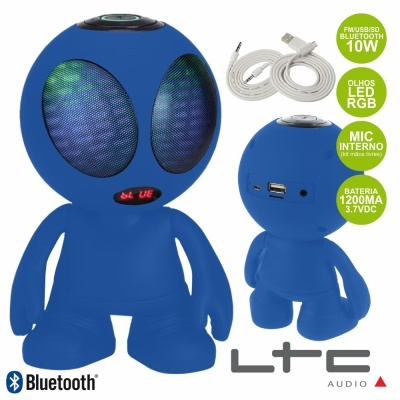 Coluna Bluetooth em forma de boneco azul com LEDs nos altifalantes