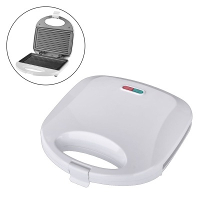 Sanduicheira elétrica branca com superfície preta com ranhuras