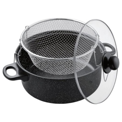 Conjunto de panela preta com tampa de vidro e cesto metálico para fritura