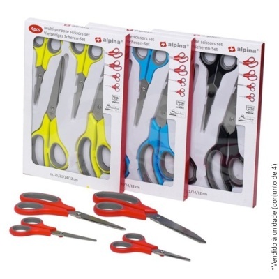 Conjunto de tesouras multiusos com punhos coloridos em caixas