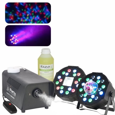 Equipamento de iluminação para festas com refletores LED coloridos e máquina de fumo preta.