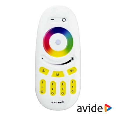 Comando remoto branco para controlo de iluminação LED com anel colorido e botões amarelos