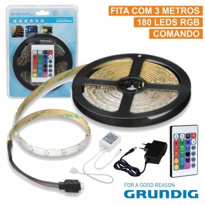 Fita LED RGB de 3 metros com comando remoto e adaptador, marca Grundig
