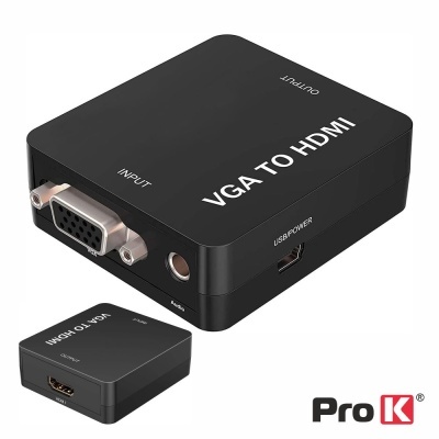 Conversor de vídeo Pro K VGA TO HDMI preto com portas VGA, HDMI, áudio e USB