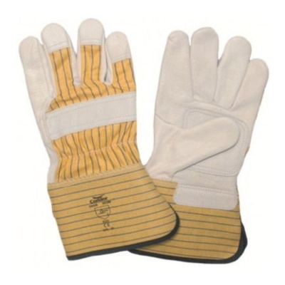 Luvas de trabalho amarelas e brancas com riscas e reforço de couro