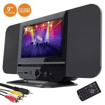 Mini TV e altifalantes 9 polegadas com comando remoto e cabos AV