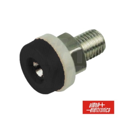 Parafuso metálico com arruela branca e ponta preta sobre fundo branco e logo alpha elettronica