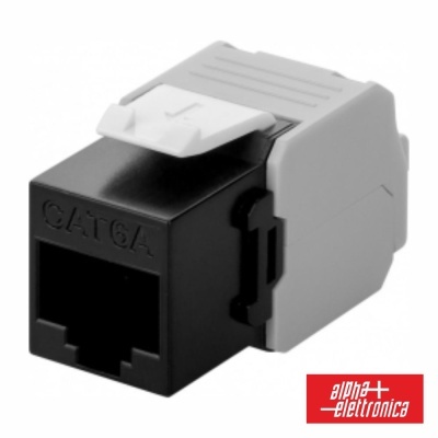 Módulo conector rede RJ45 CAT 6A cinzento e preto com logo alpha elettronica