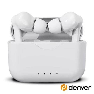 auscultadores wireless brancos dentro da caixa de carregamento Denver