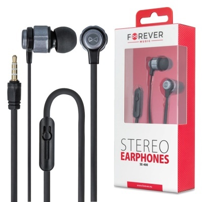 Auriculares estéreo pretos e cinzentos com embalagem branca e vermelha FOREVER MUSIC