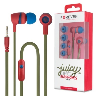 Auriculares vermelhos e azuis com cabo verde e embalagem com pontas extras