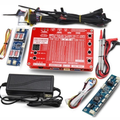 Conjunto de componentes eletrónicos com placa vermelha e cabos diversos