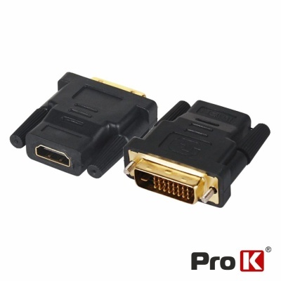 Adaptadores HDMI para DVI em preto com pinos dourados e logo Pro K