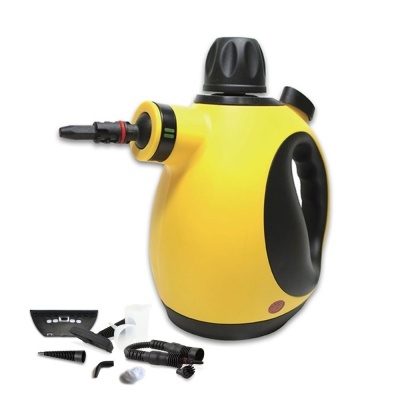 Vaporizador portátil amarelo com acessórios pretos sobre fundo branco