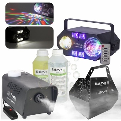 Equipamento para festas com luzes LED, máquina de fumo, máquina de bolhas e líquidos.