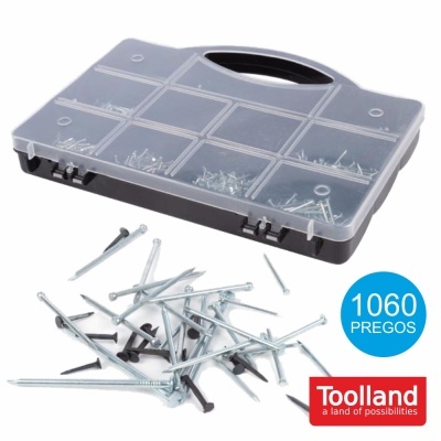 Caixa organizadora preta com pregos metálicos e texto '1060 PREGOS'