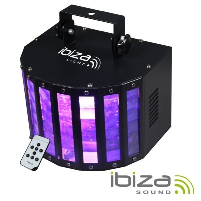 luz de palco preta com painéis roxos e comando à distância