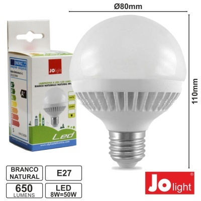 LÂMPADA E27 8W=50W 230V LEDS GLOBO BRANCO NATURAL 650LM