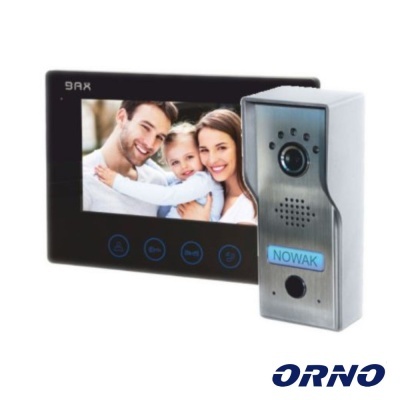 Intercomunicador digital preto com campainha metálica prateada e etiqueta 'NOWAK'