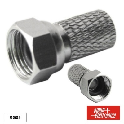 Conector coaxial metálico prateado com textura tipo diamante e etiquetas RG58 e alpha elettronica