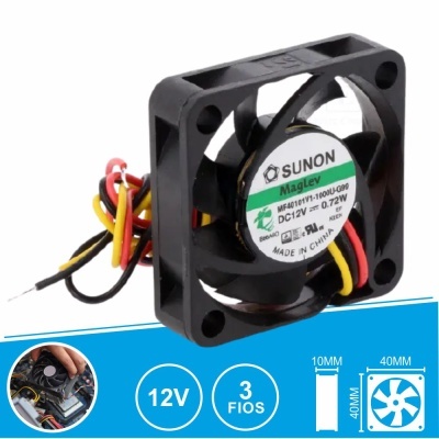 Ventoinha elétrica preta quadrada SUNON 12V 40mm com 3 fios