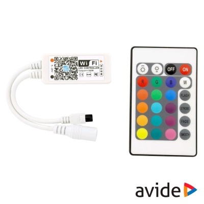 Controlador LED WiFi branco com cabos e comando remoto multicolor