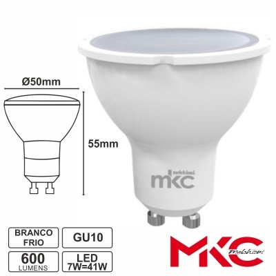 Lâmpada LED GU10 branca fria com dimensões e especificações técnicas exibidas.