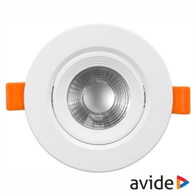 Luz LED redonda branca com refletores prateados e presilhas laranjas, logo AVIDE