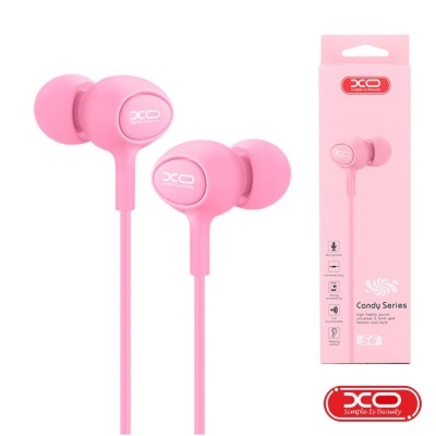 Auriculares cor-de-rosa com cabo e embalagem rosa da série Candy da marca XO