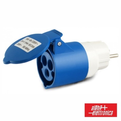 Tomada elétrica industrial azul com tampa articulada e cinco orifícios de conexão