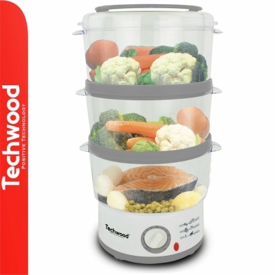 Vaporizadora elétrica Techwood transparente com legumes e peixe e corpo branco e vermelho