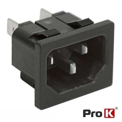 Conector elétrico preto retangular com pinos metálicos e logo Pro K