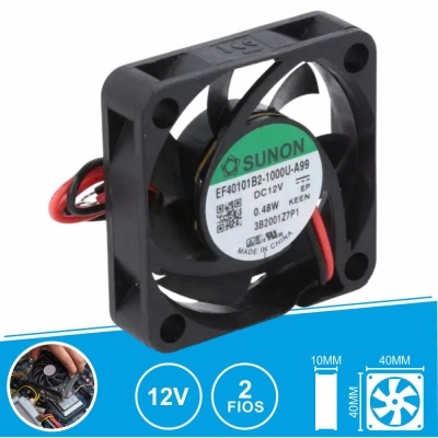 Ventoinha de computador preta SUNON com etiqueta verde e branca, 40x40x10 mm