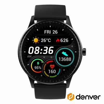 Relógio inteligente preto com ecrã digital redondo e várias informações mostradas no ecrã.