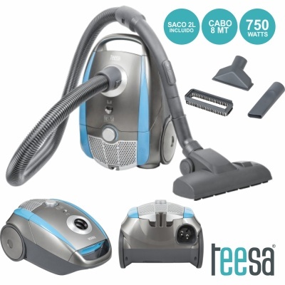 aspirador de pó Teesa cinza e azul com acessórios e características