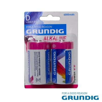 Pack de duas pilhas alcalinas Grundig tipo D em embalagem transparente e cartão azul e branco
