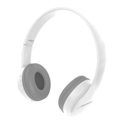 Headphones over-ear brancos com almofadas cinza e botões laterais