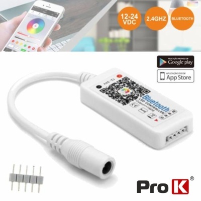 Controlador LED Bluetooth branco com cabo e pinos de ligação com texto e código QR