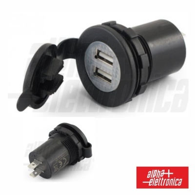 Tomada dupla USB preta com tampa articulada e marcações CE